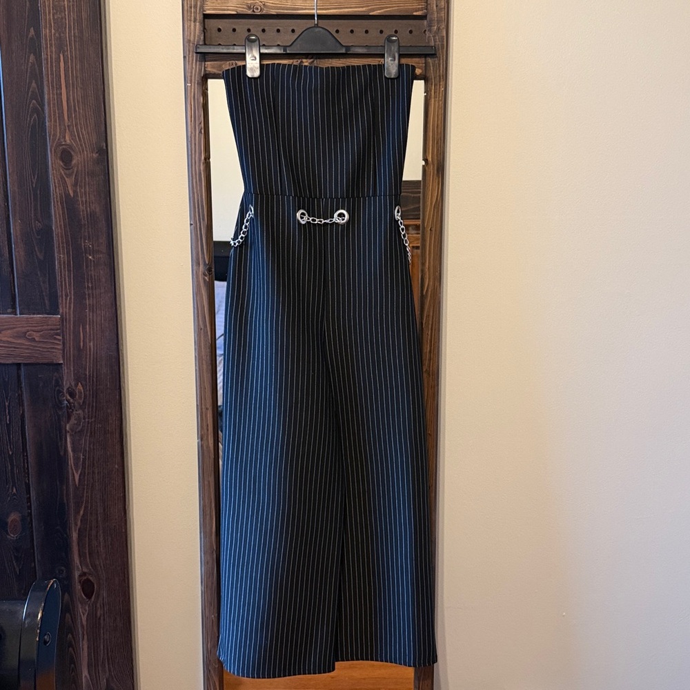 Another Reason Strapless Black Pinstripe Jumpsuit With Silver Chain View 3
